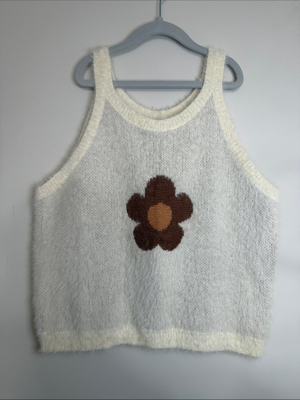 Cream Fuzzy Tank Sweater with Brown Flower